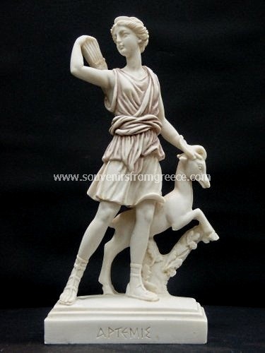 Souvenirs from Greece: Artemis goddess of the hunt greek alabaster statue of Leoharis Greek statues Alabaster statues Exceptional art souvenir from Greece handmade greek alabster statue of Artemis, the goddess of the hunt, wild animals, childbirth, virginity, young girls, bringing and relieving disease in women in ancient greek mythology. The alabaster sculpture from Leochares now on display at the Louvre Museum depicts the goddess carrying a bow with a deer. A lovely decorative greek art gift.