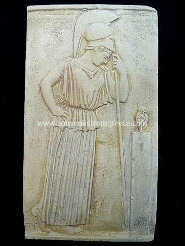 Souvenirs from Greece: Goddess Athena greek plaster relief statue Greek statues Alabaster statues Magnificent greek art souvenirs handmade greek plaster statue relief of the goddess Athena. The plaster sculpture is a replica of the original from 460 BC now in the Acropolis museum of Athens and shows Athena leaning on her spear. This is one of the most famous greek works of art.