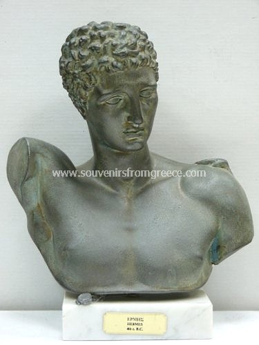 Souvenirs from Greece: Hermes of Praxiteles greek plaster bust statue Greek statues Greek Busts Sculptures Marvelous greek art souvenirs handmade greek green plasater bust statue of Hermes, the messenger of the gods in ancient greek mythology. The plaster green bust sculpture sits on a white marble base and is one the most impressive greek art gifts.