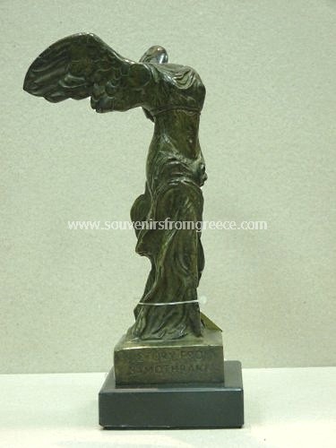 Souvenirs from Greece: Nike of Samothrace greek bronze statue Greek statues Alabaster statues One of the most popular greek souvenirs handmade greek bronze statue Nike of Samothrace,  or Winged Victory of Samothrace,  replica of the famous marble 2nd century BC sculpture of Nike the ancient greek goddess. The bronze sculpture sits on a marble base and is one of the best greek art gifts.
