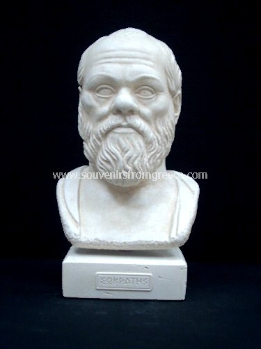 Souvenirs from Greece: Socrates greek plaster bust statue Greek statues Alabaster statues One of the best souvenirs from Greece handmade greek plaster bust statue of Socrates the great philosopher. The plaster sculpture sits on a plaster base and is one of the most impressive greek art gifts.