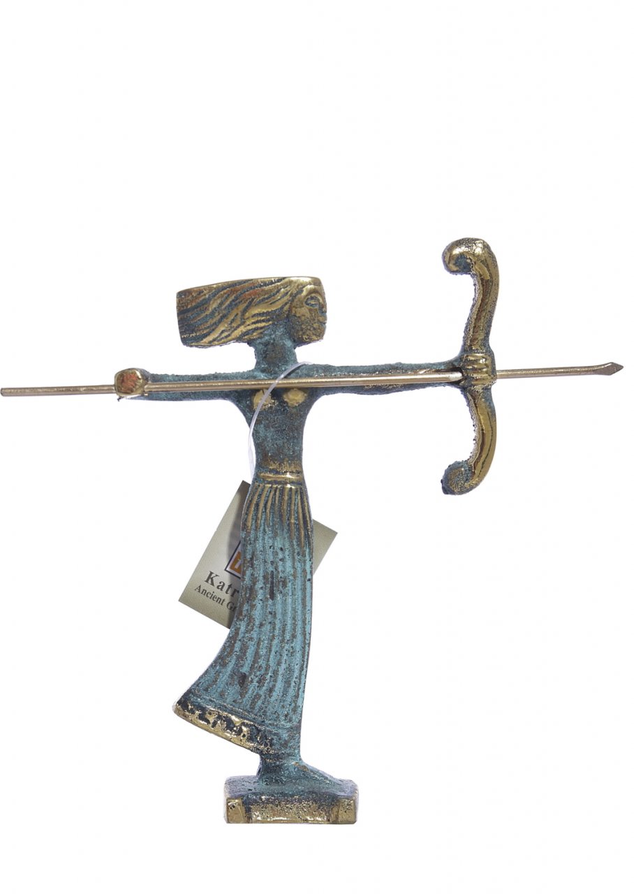 Small bronze statue of Goddess Artemis holding her bow and arrow