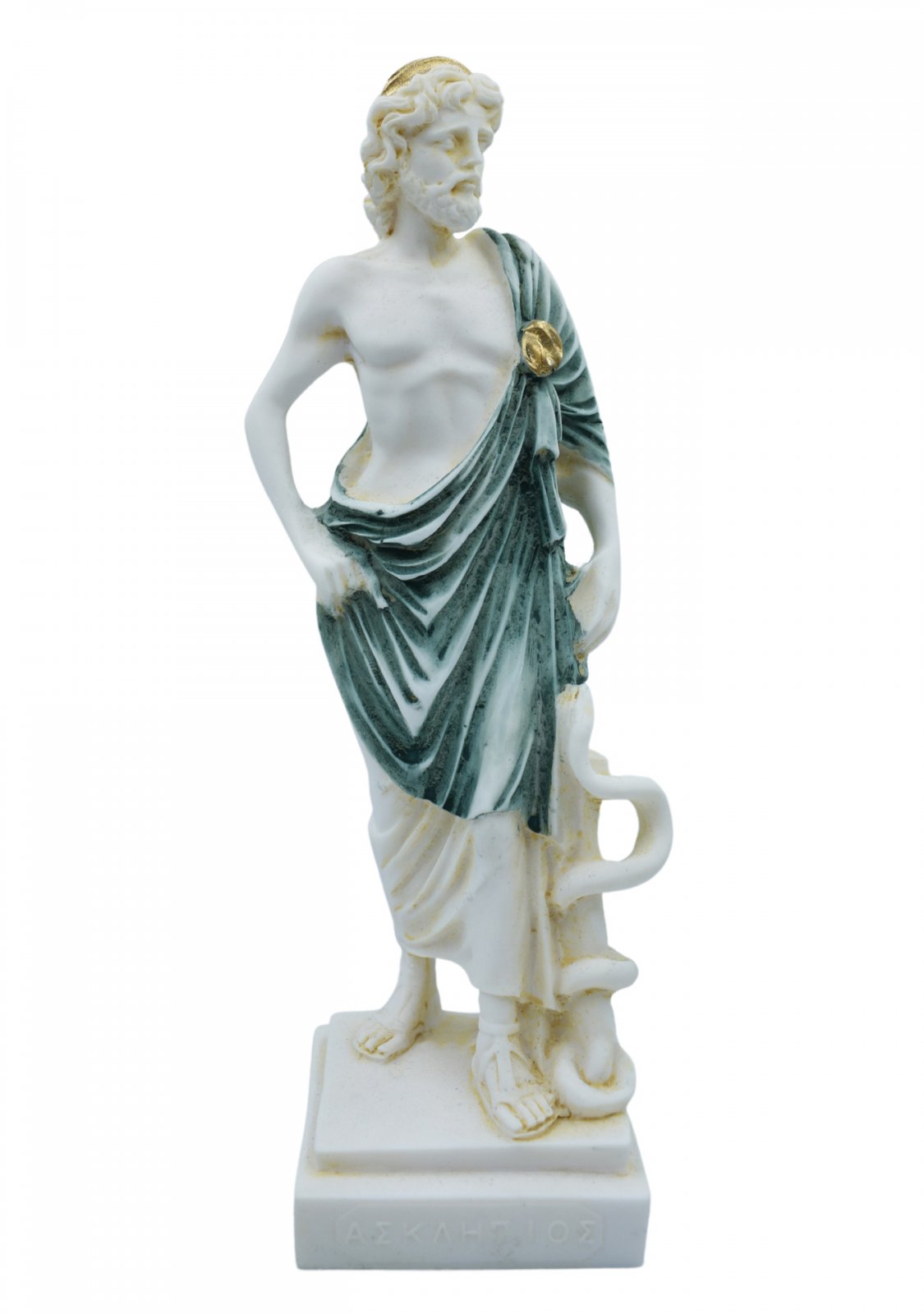  Ascelpius (Asklepios), the greek god of medicine, alabaster statue with green color and patina