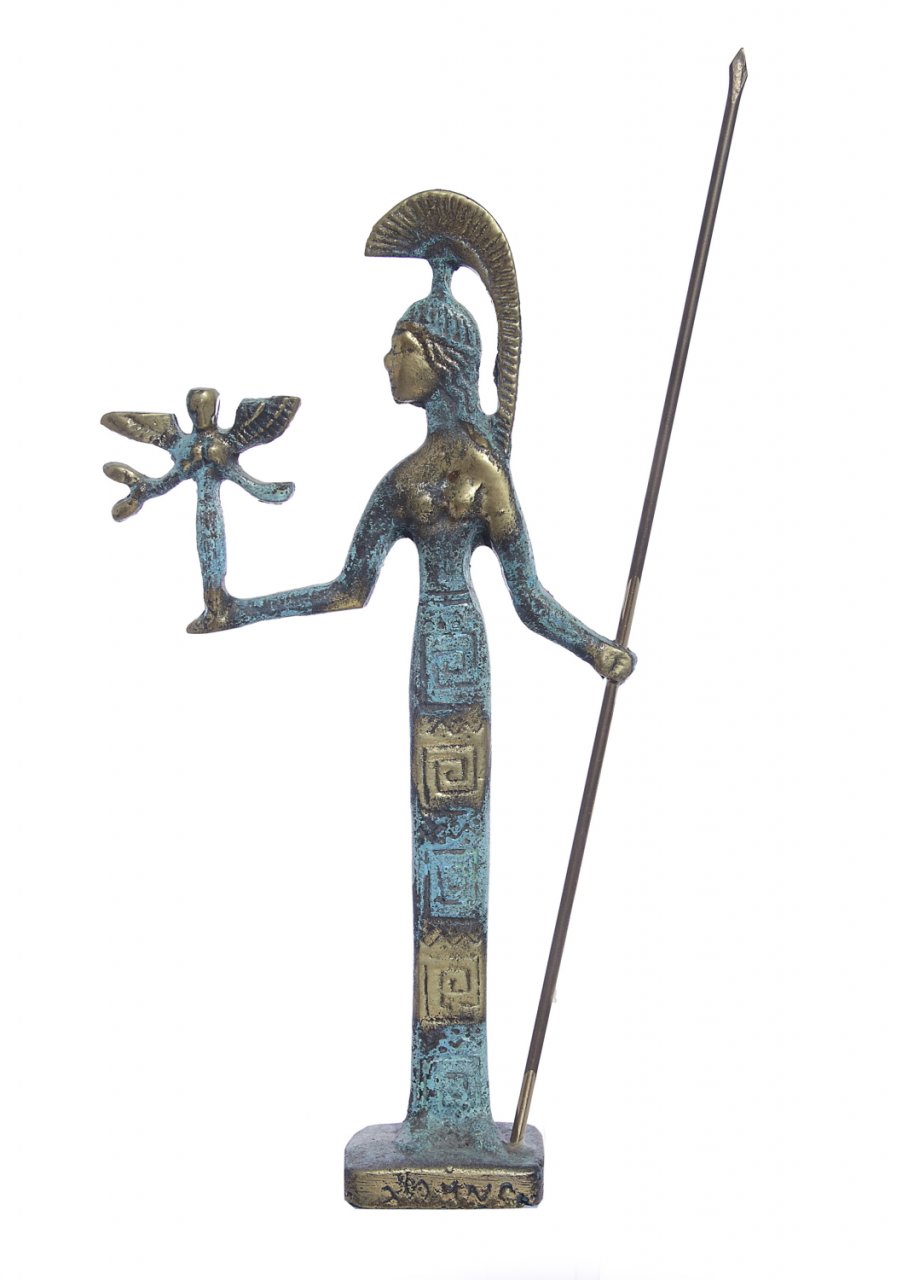 Bronze statue of goddess Athena holding the goddess of victory Nike and a spear