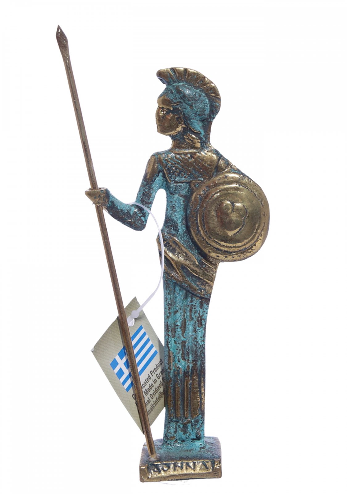 Small bronze statue of Goddess Athena holding her shield and spear