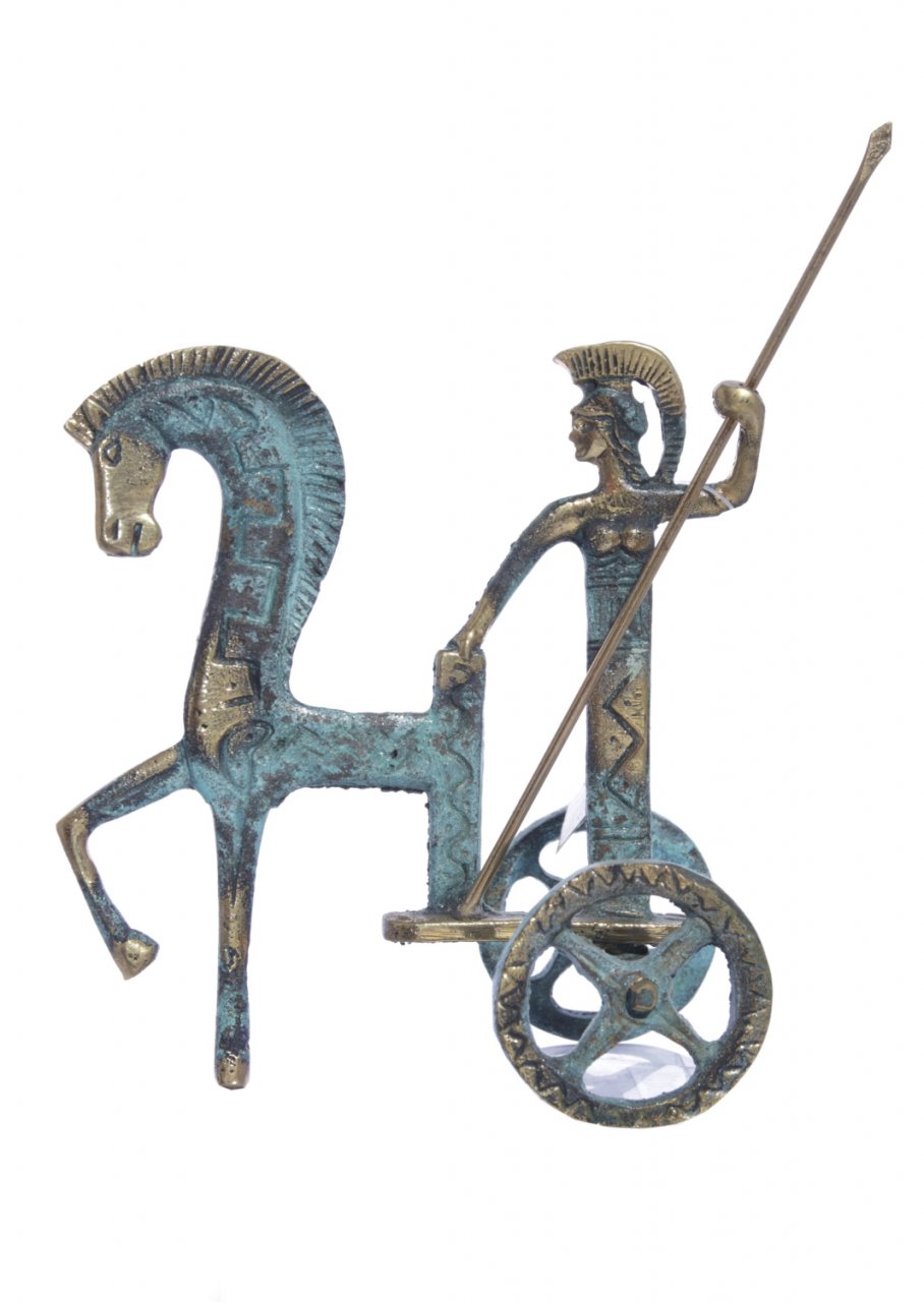 Bronze statue of goddess Athena on her chariot holding her spear