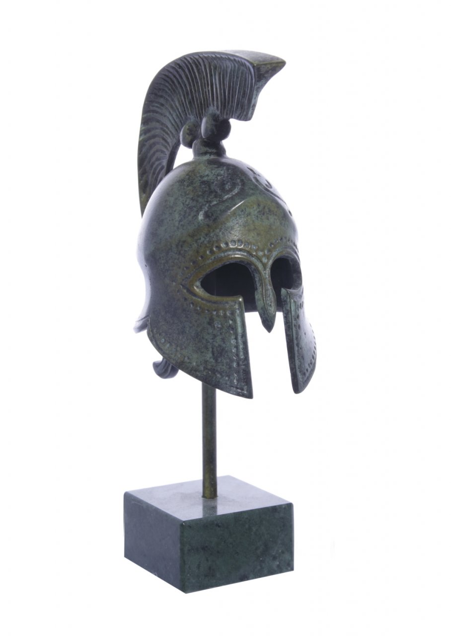 Greek bronze statue of a Spartan helmet on marble base