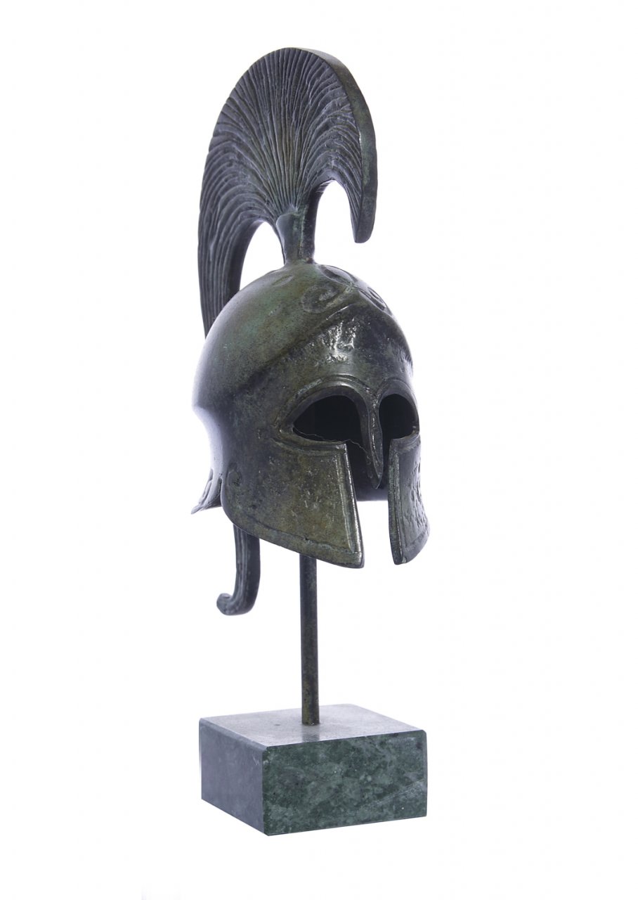 Achilles helmet greek bronze statue on marble base
