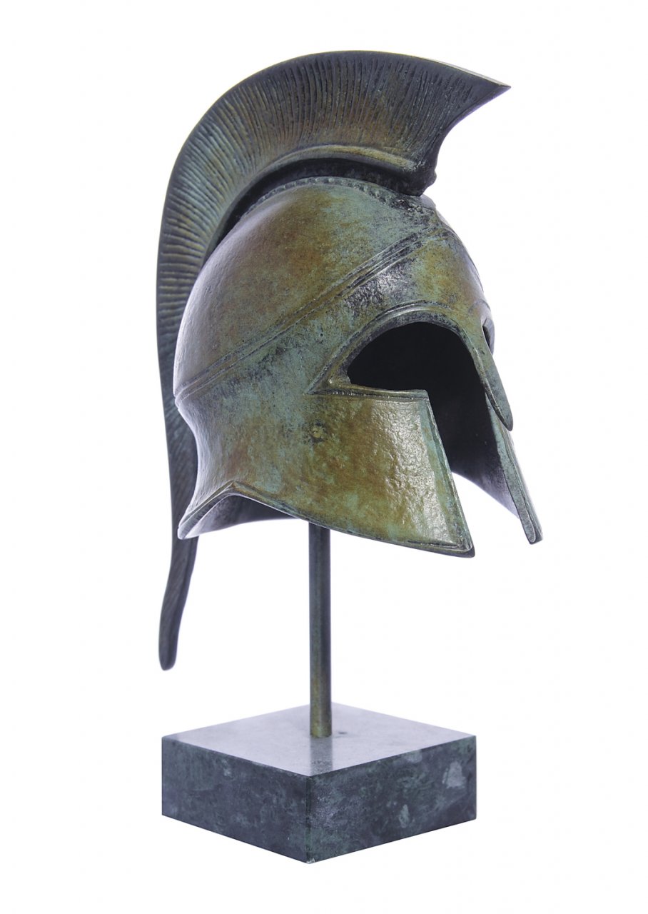 Athenian helmet greek bronze statue on marble base