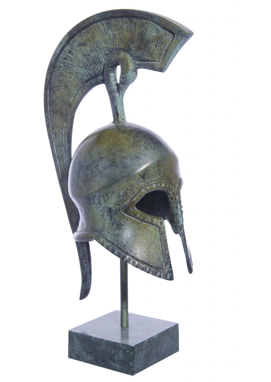 Spartan helmet greek bronze statue on marble base