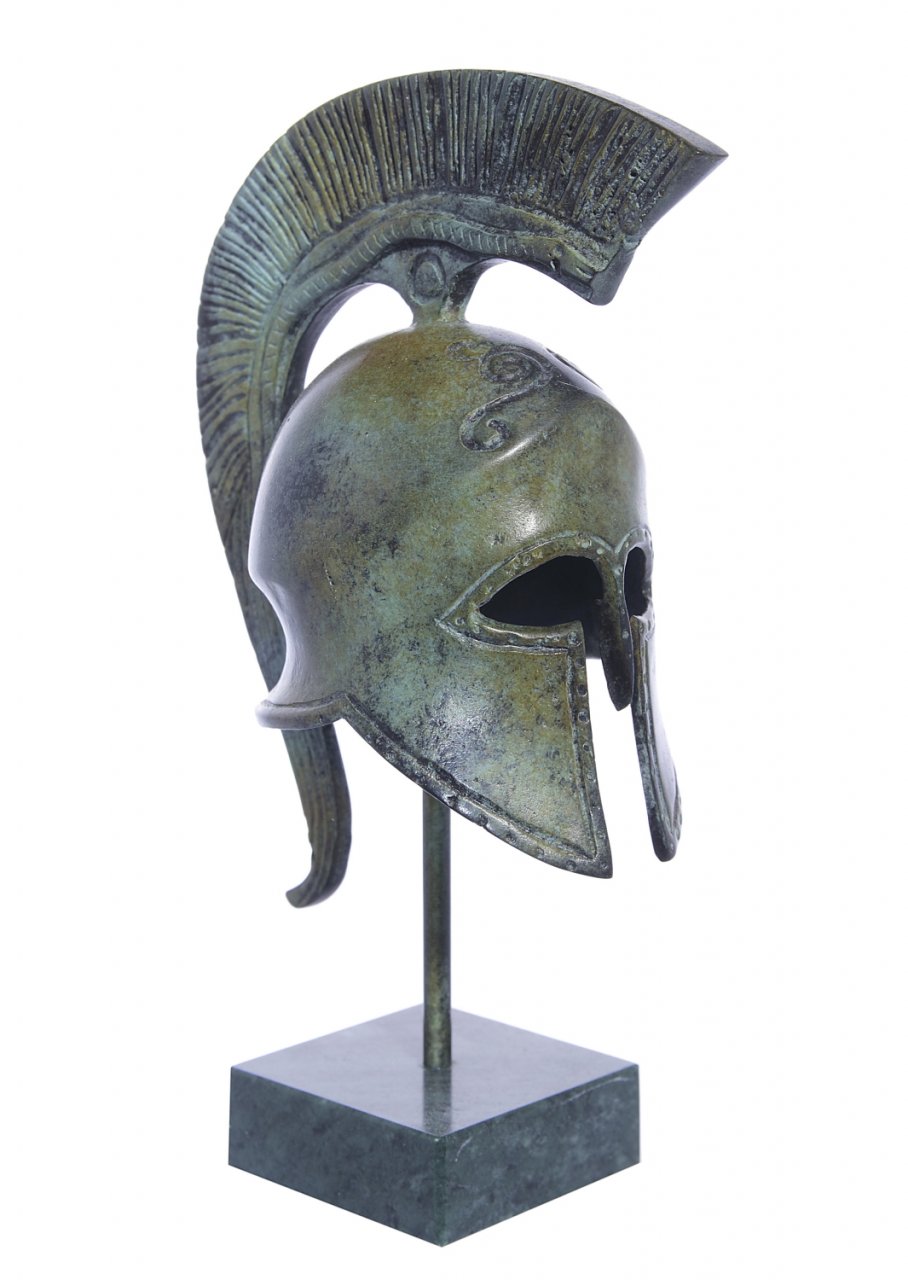 Spartan helmet with engraved snake greek bronze statue on marble base