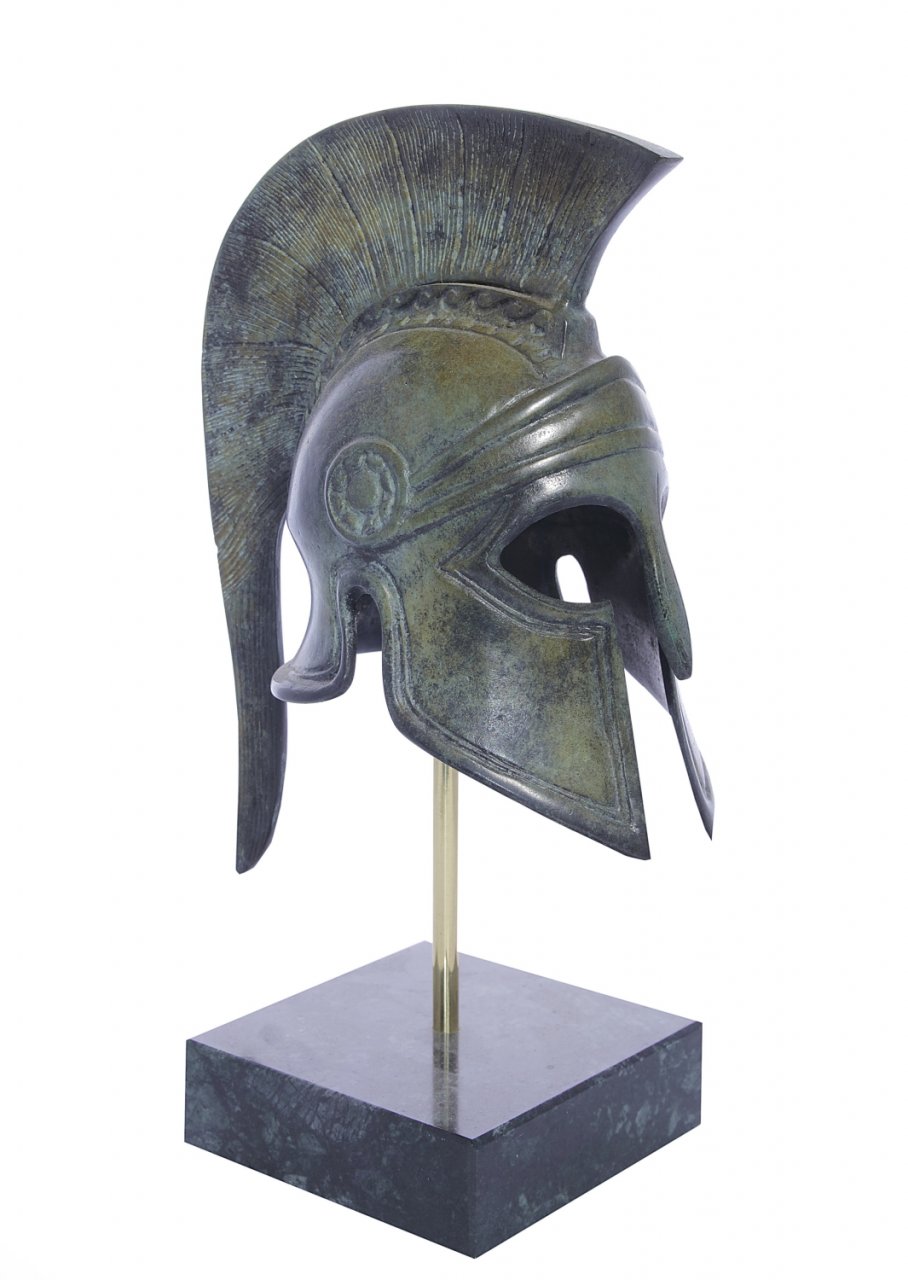 Greek bronze statue of Athenian helmet on marble base
