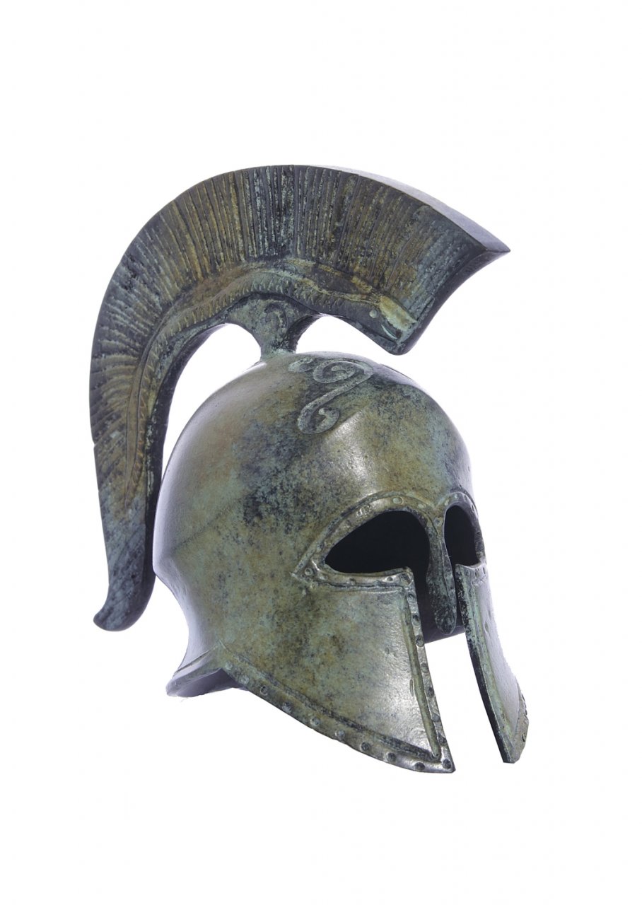 Spartan helmet with engraved snake greek bronze statue