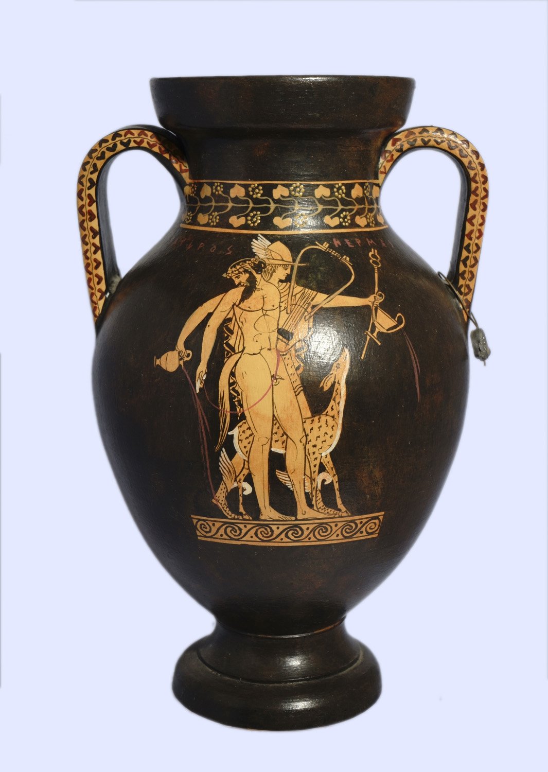 Classical red-figure amphora with Hermes, a Satyr and Cephalus 