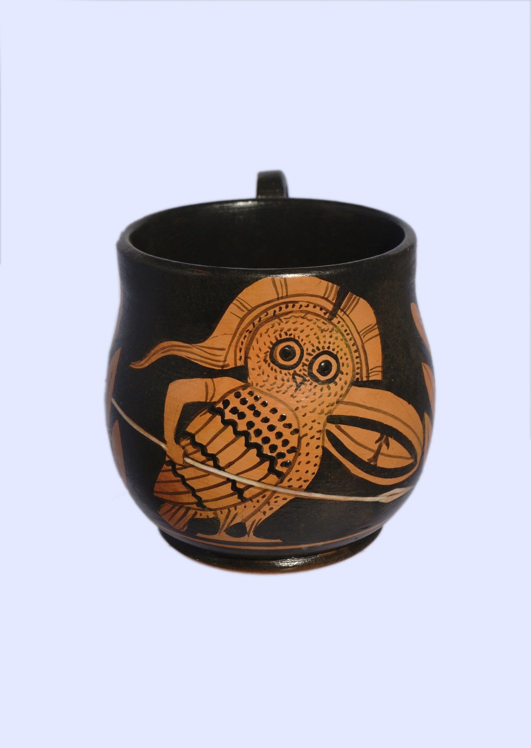 Classical red-figure one-handled skyphos (cup) with an owl, symbol of wisdom