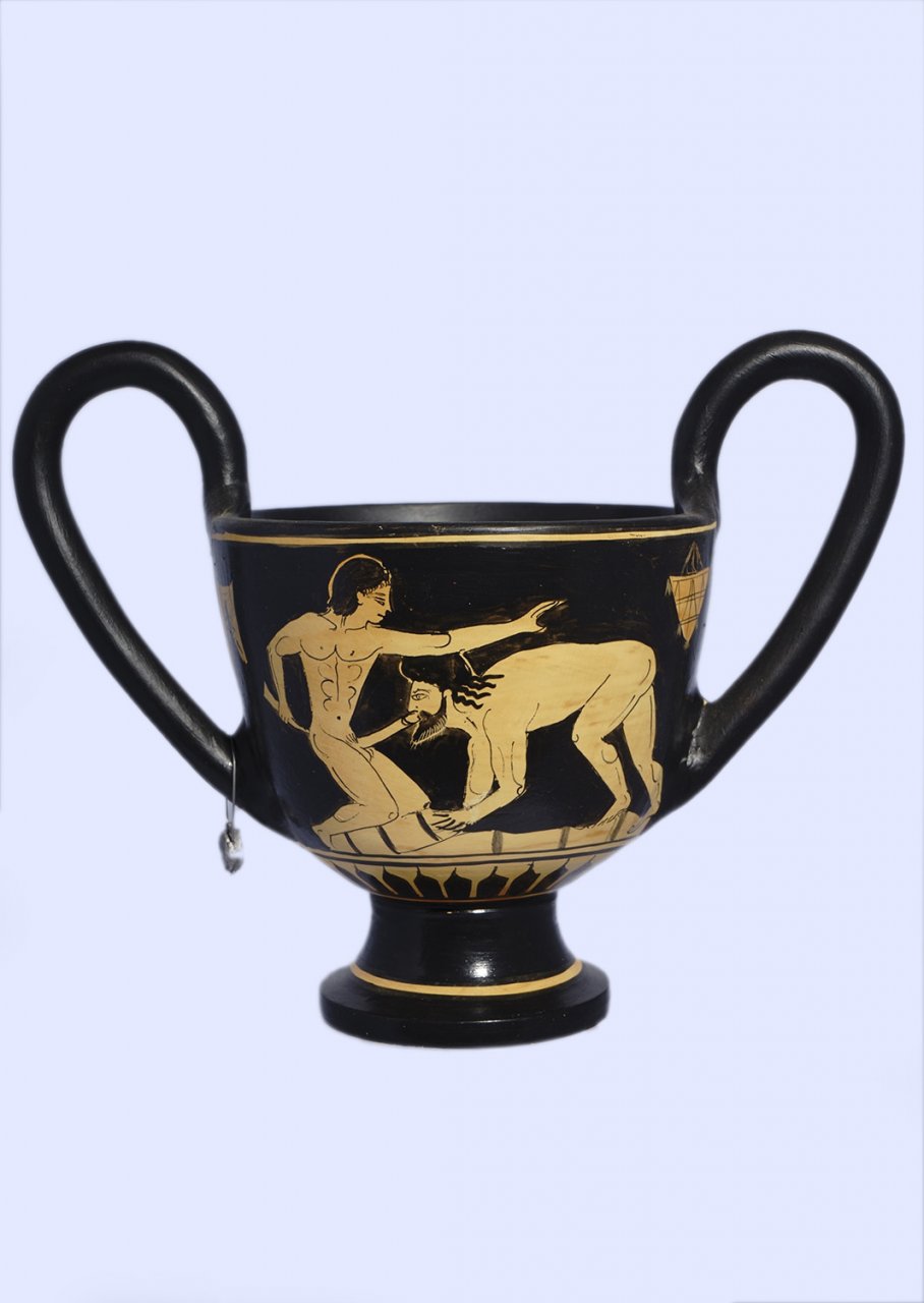 Classical red-figure kantharos depicting an erotic scene.