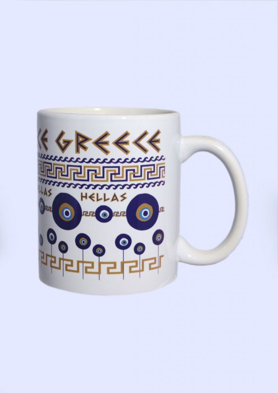 Porcelain mug with Evil Eyes and the Greek Key design - Meander