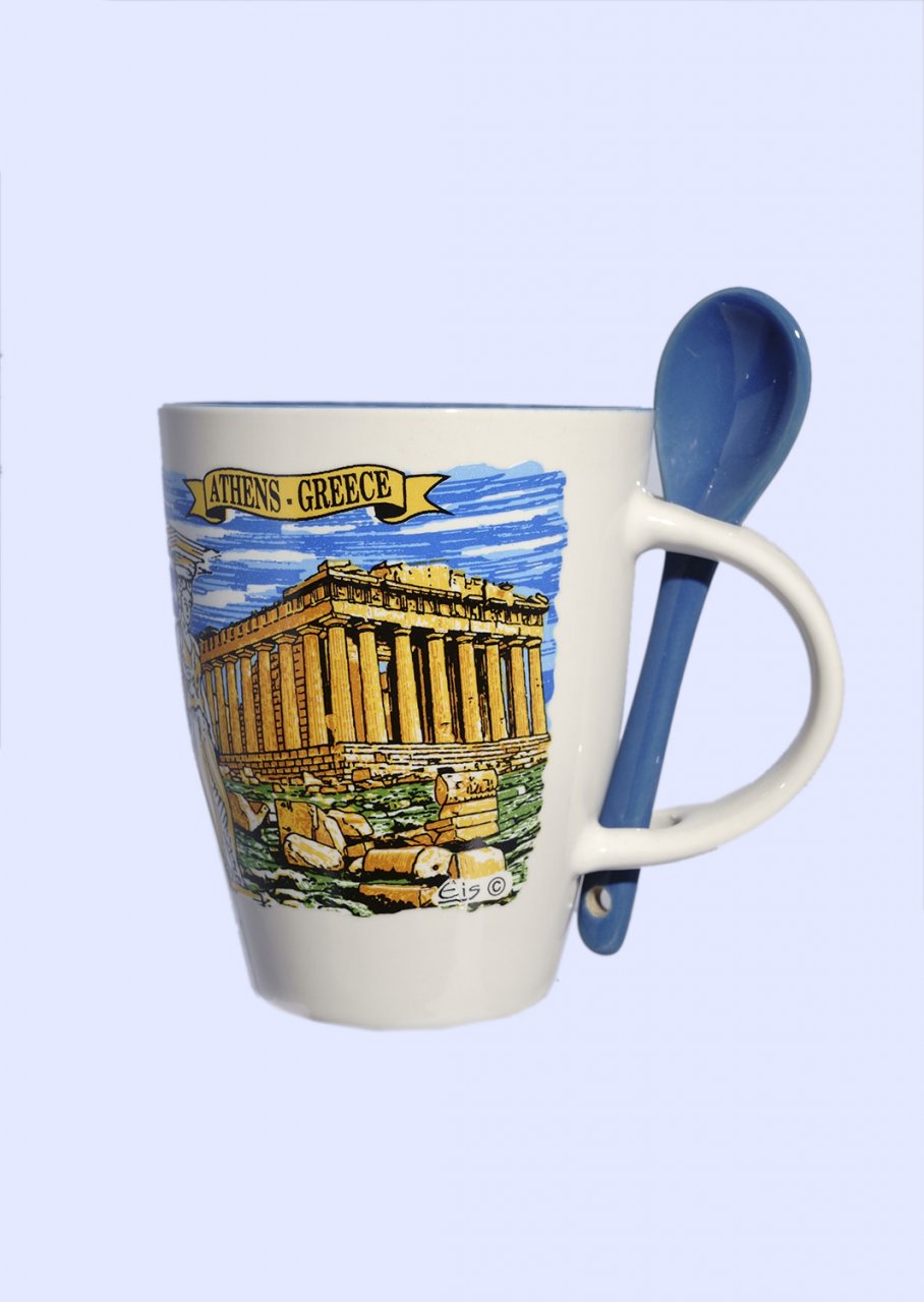 Porcelain cup depicting the Parthenon of Acropolis, accompanied by a blue spoon