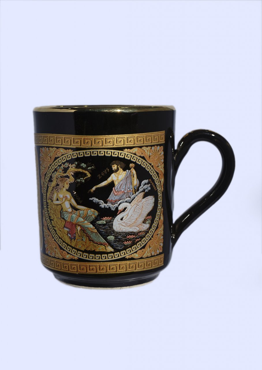 Black porcelain mug with Zeus and Leda - 24K gold 