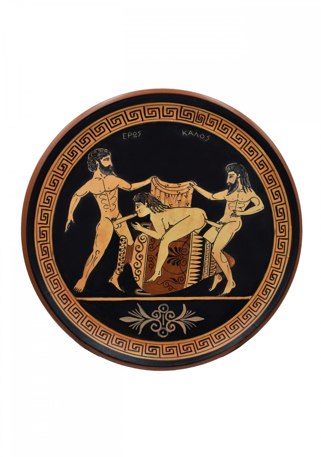 Ancient Erotic Scene Art, Threesome Sex, Handmade Greek Ceramic Plate (24cm)