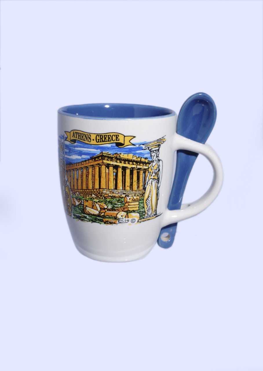 Porcelain espresso cup depicting the Parthenon of Athens, accompanied by a blue spoon
