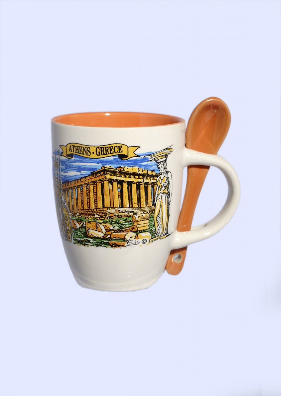 Porcelain espresso cup depicting the Parthenon of Athens, accompanied by an orange spoon