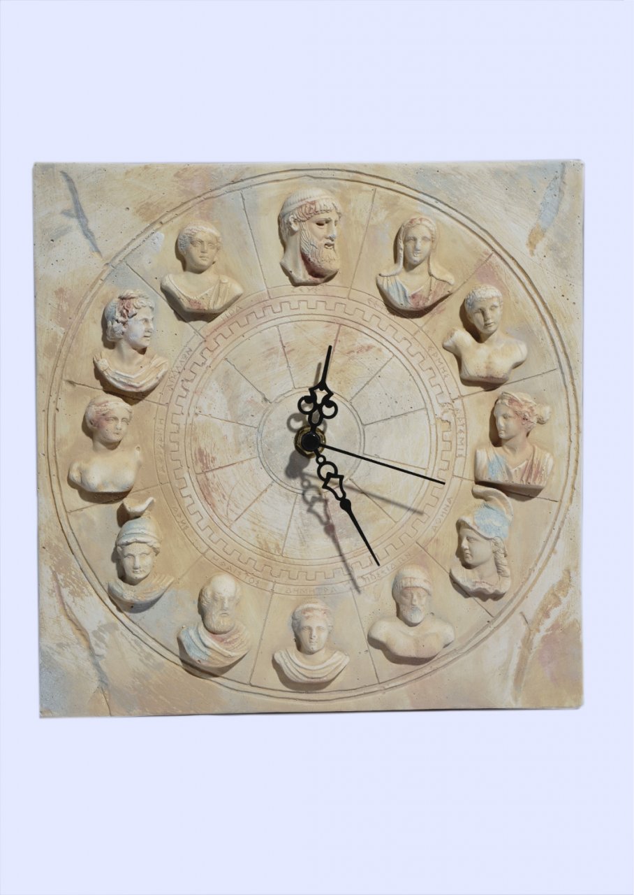 Large square plaster wall clock with the Twelve Olympians Gods (busts)