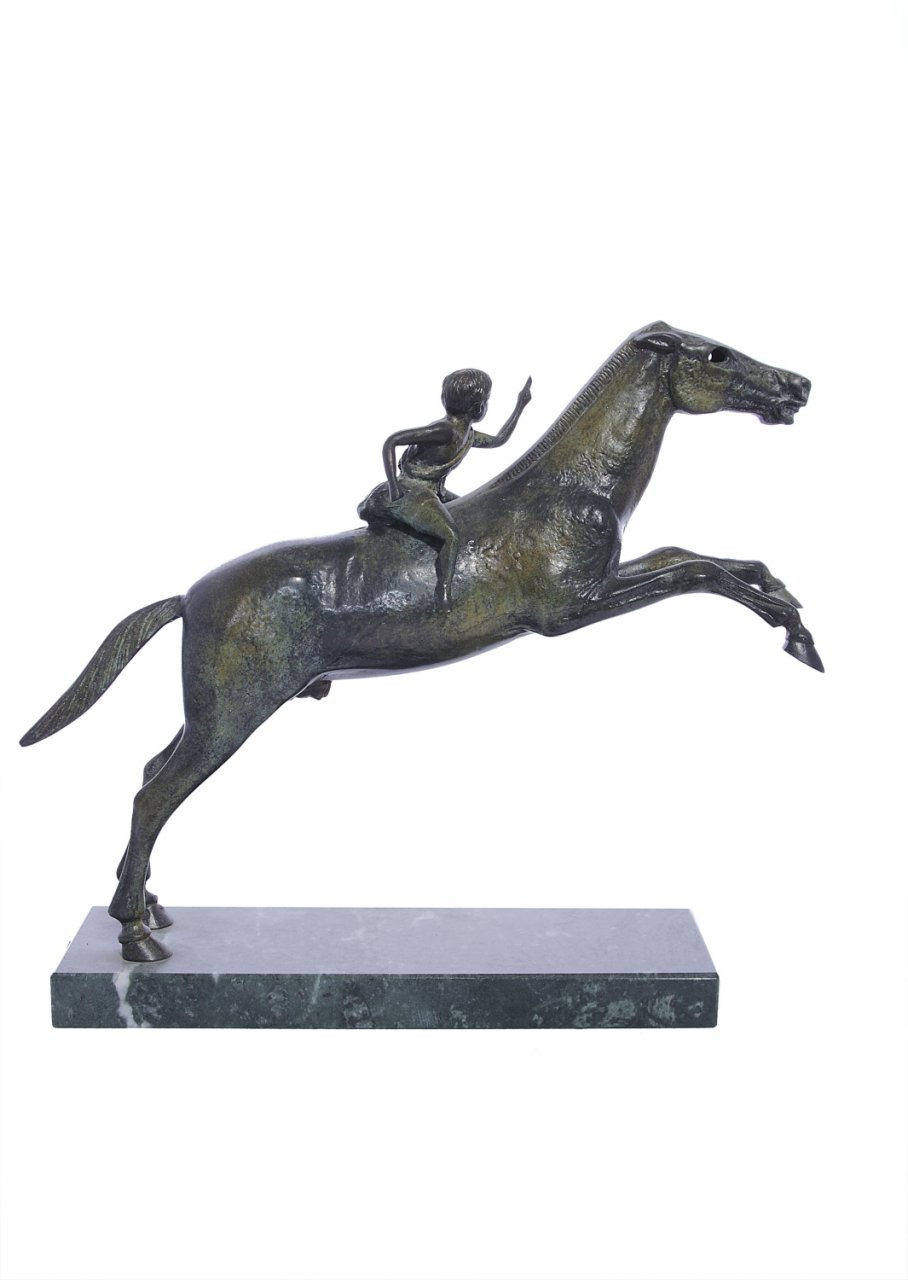 Greek bronze replica statue of Jockey of Artemision on a marble base