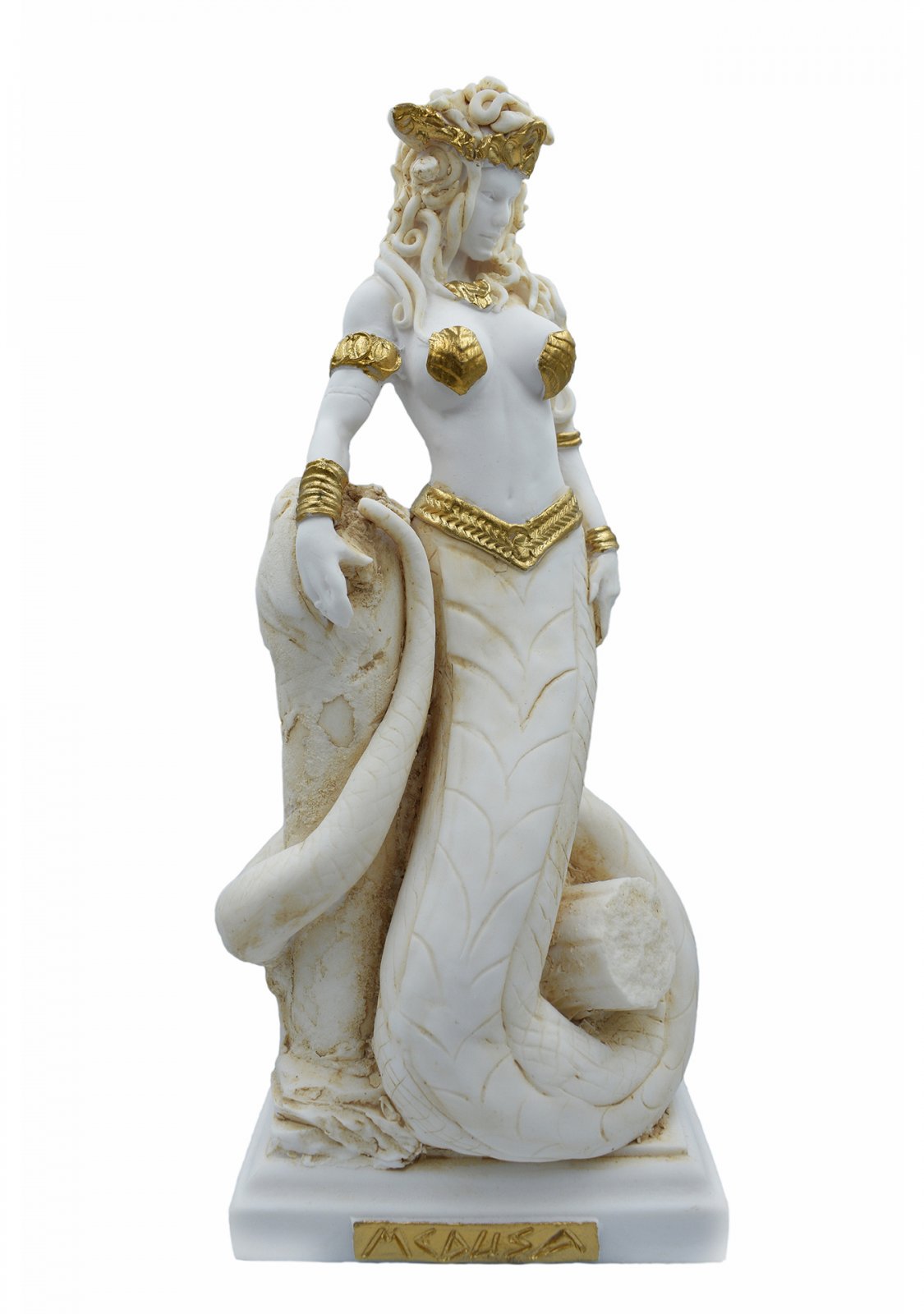 Medusa, Gorgo, greek alabaster statue in gold tone, the mythical creature