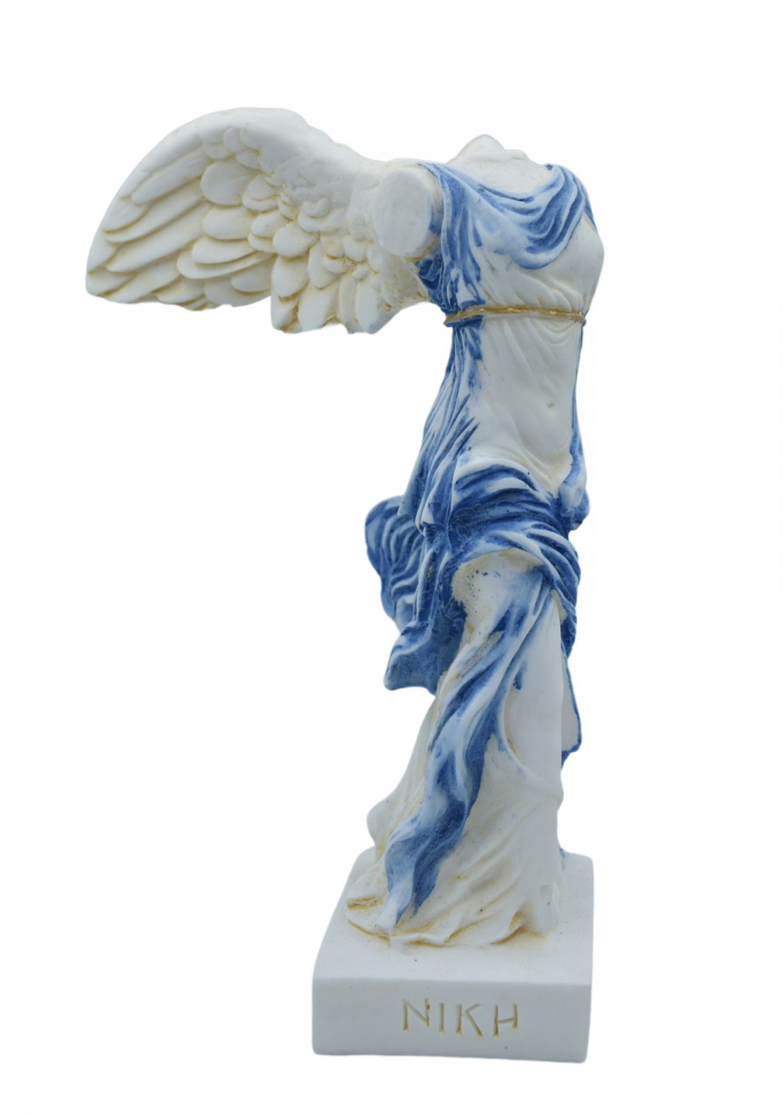 Nike of Samothrace greek alabaster statue with color and golden details