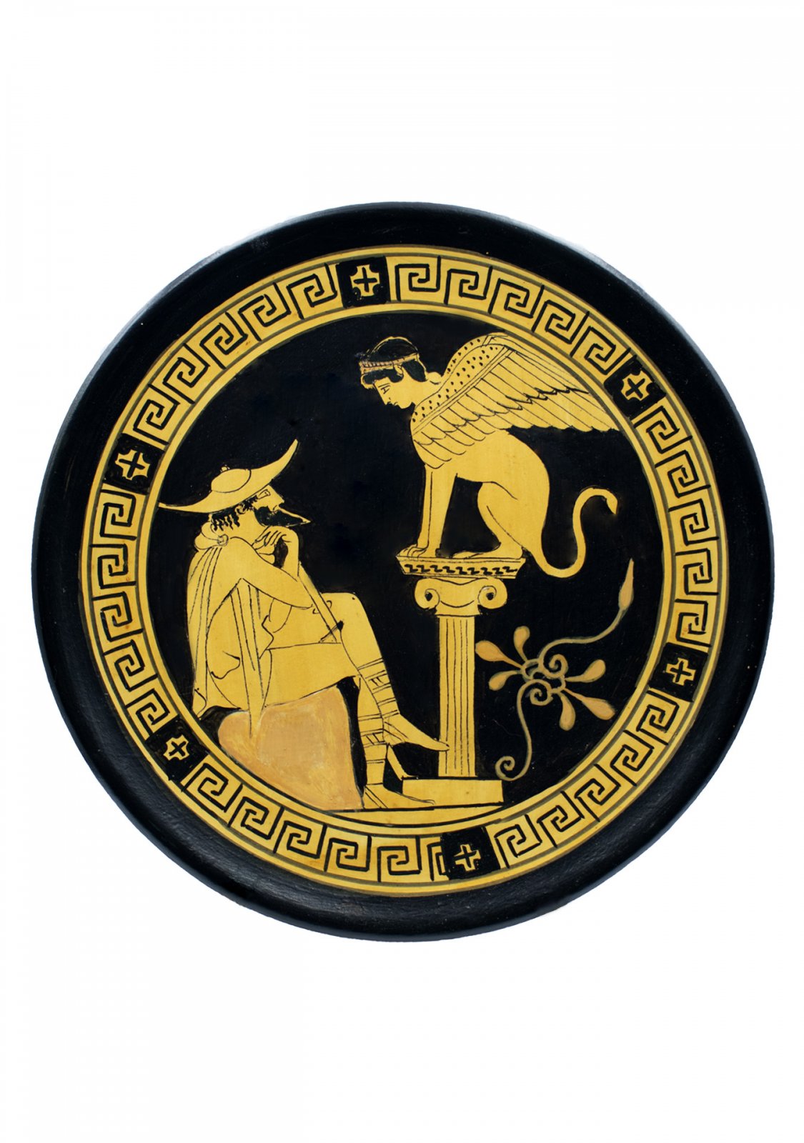 Classical Greek ceramic plate depicting Oedipus and Sphinx