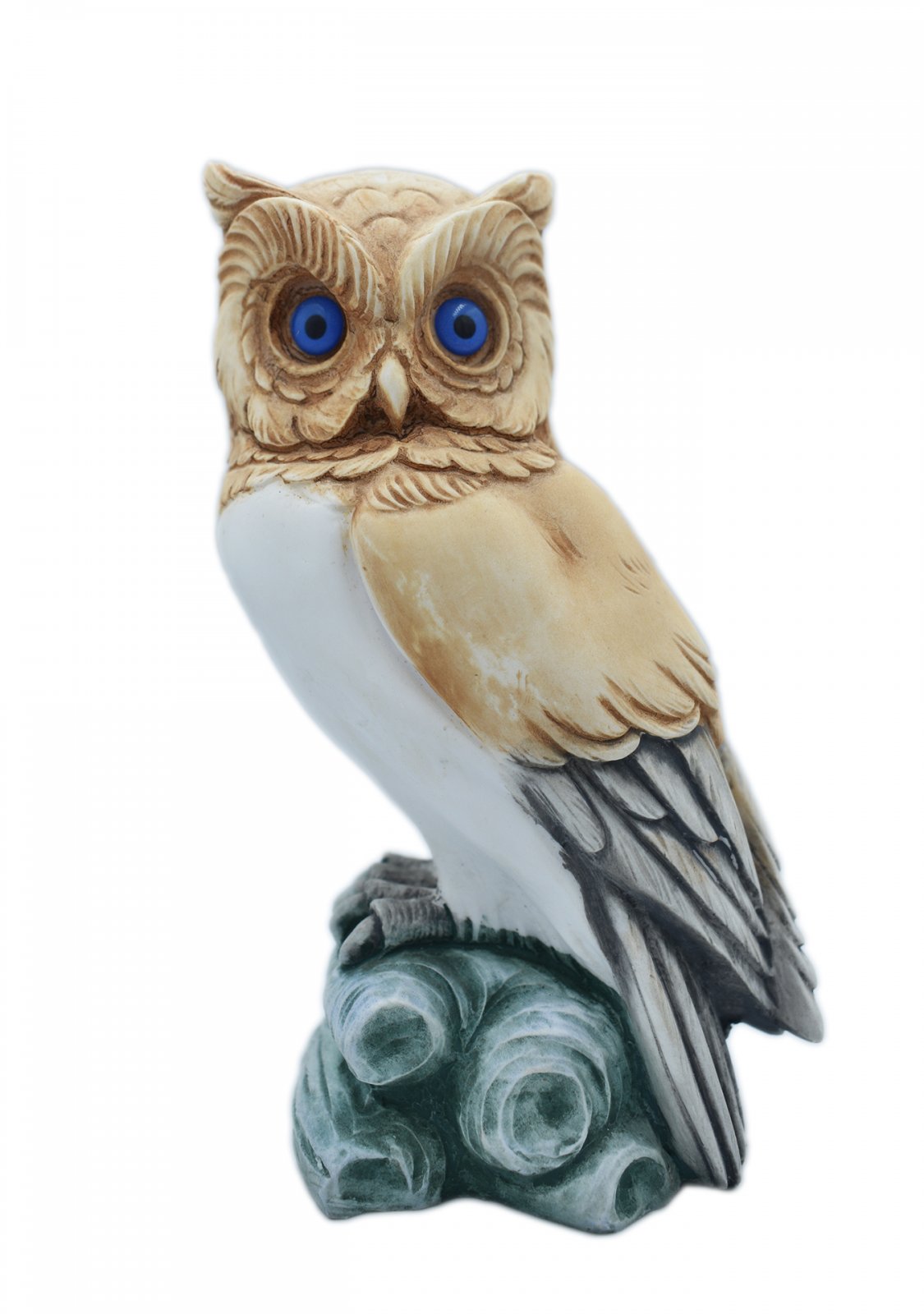 Owl medium alabaster statue with color, the symbol of wisdom