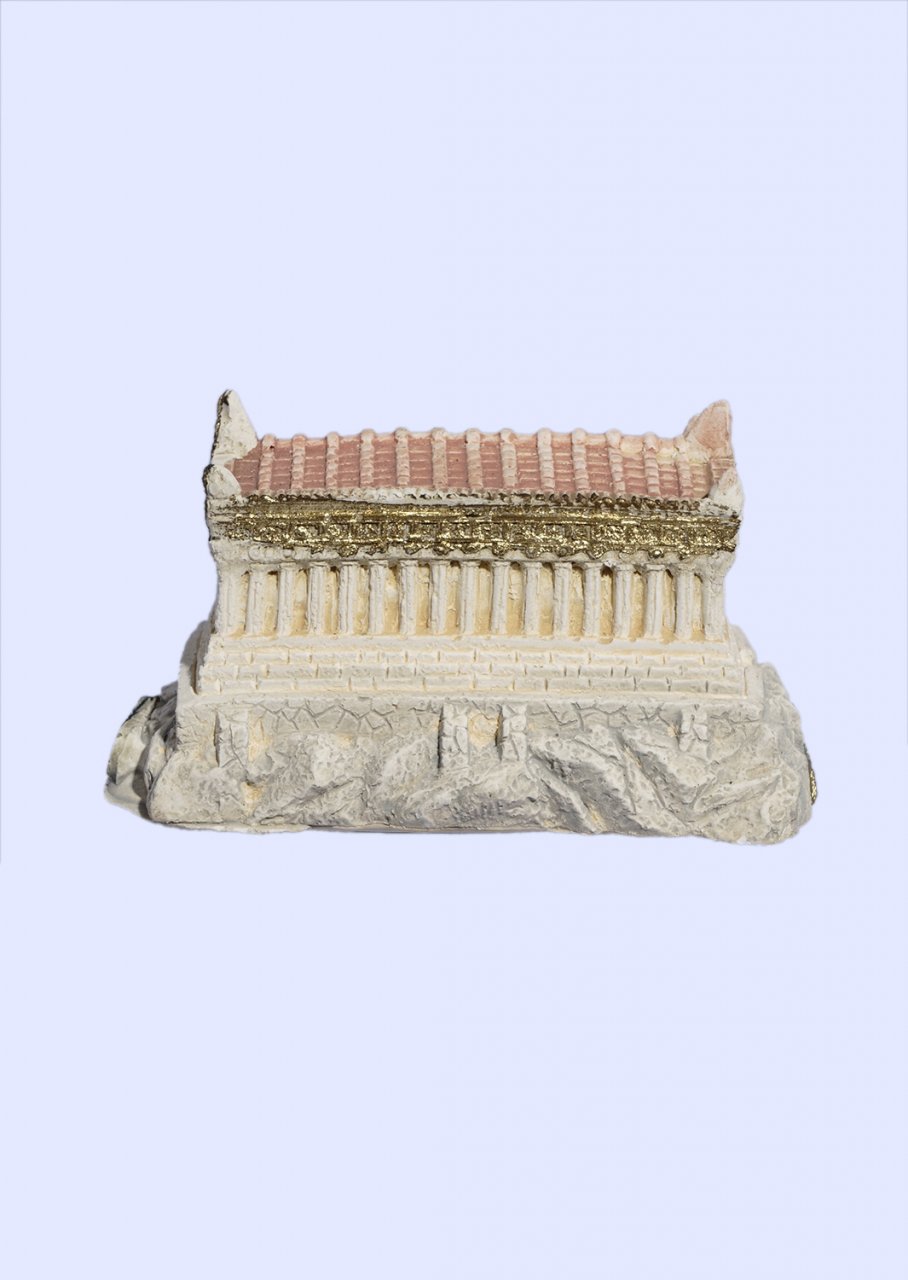 Small plaster statue of reconstracted Parthenon of Acropolis with golden details