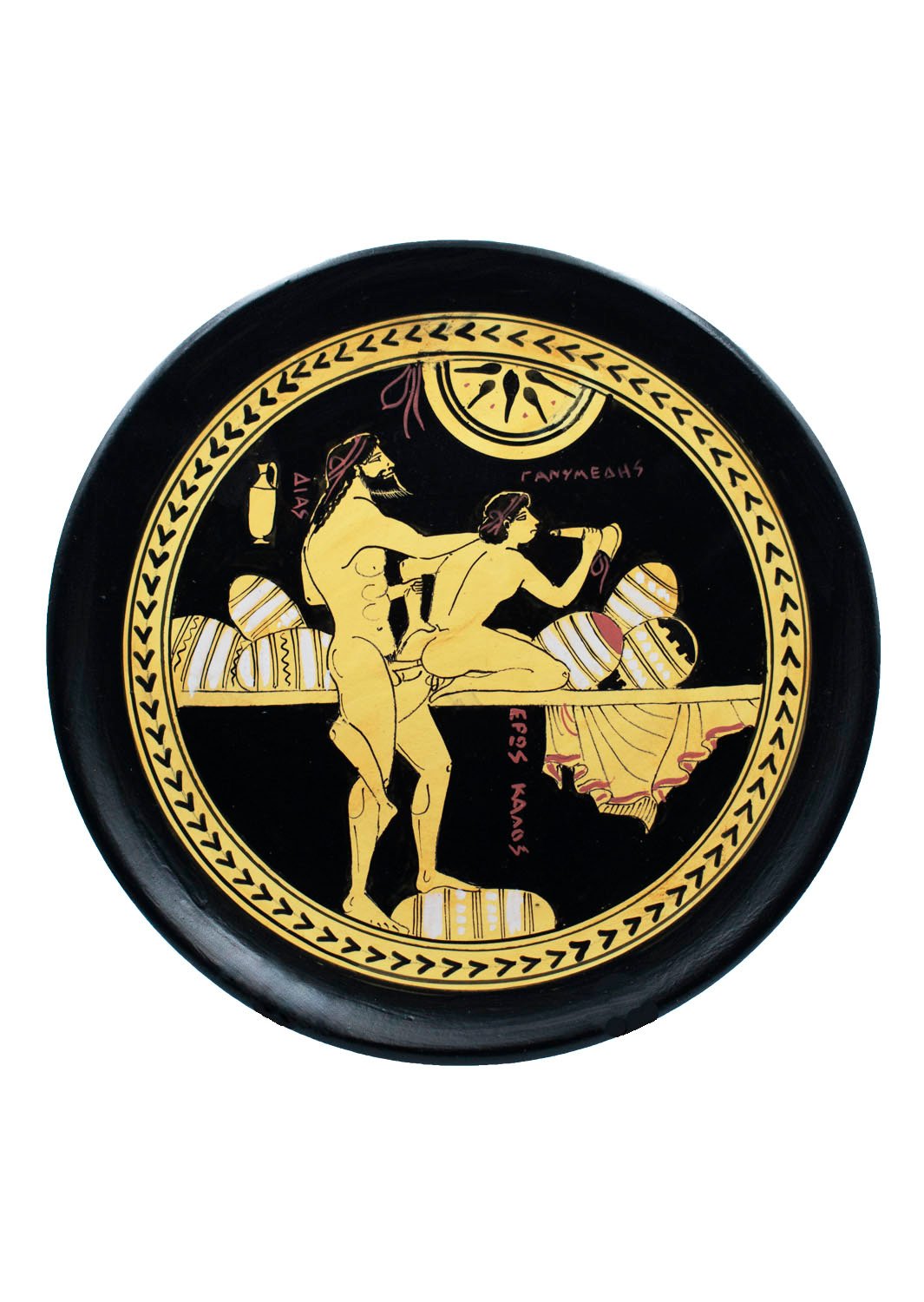 Classical Greek ceramic plate depicting Zeus and Ganymede