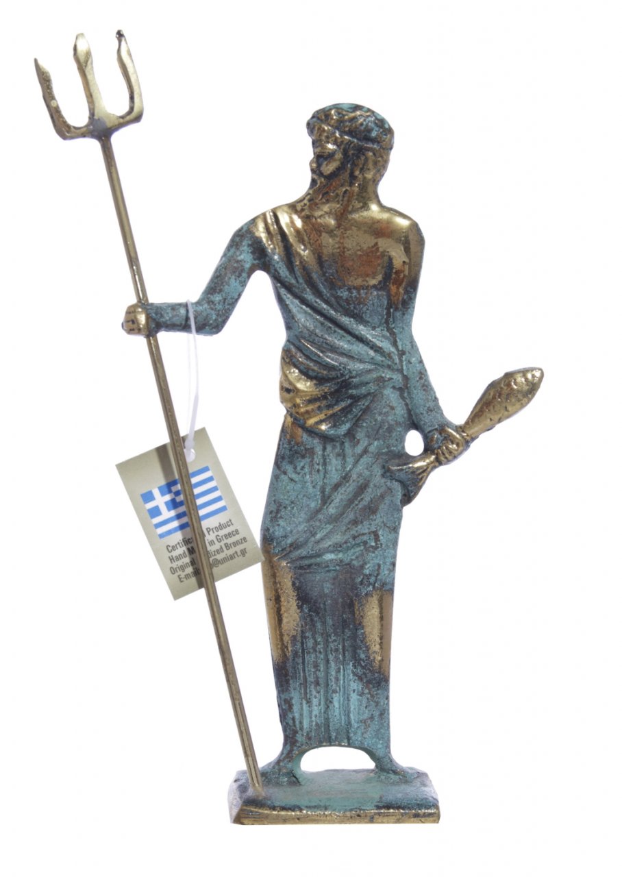 Bronze statue of Poseidon holding his Trident and a fish