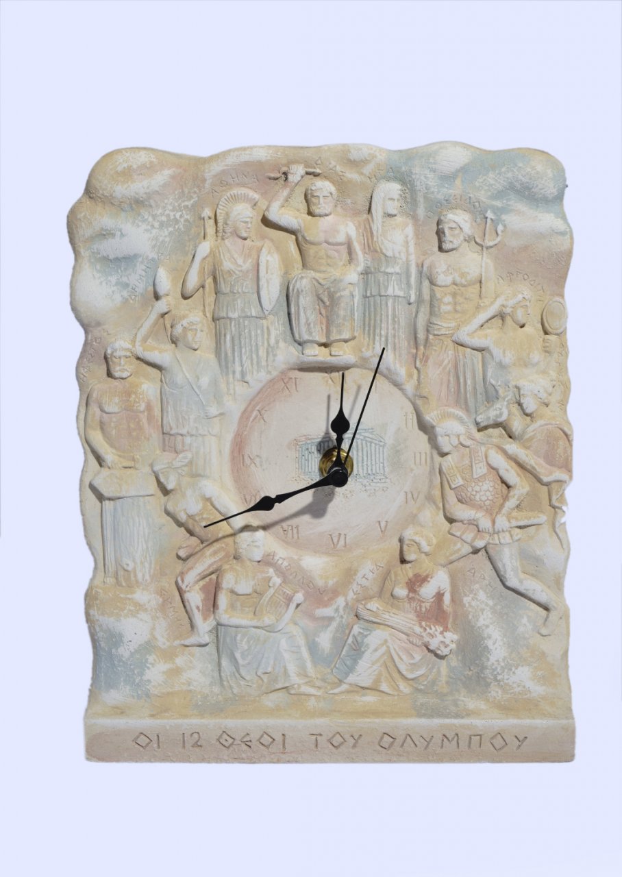 Plaster table - wall clock with the Twelve Olympians Gods (full-body)