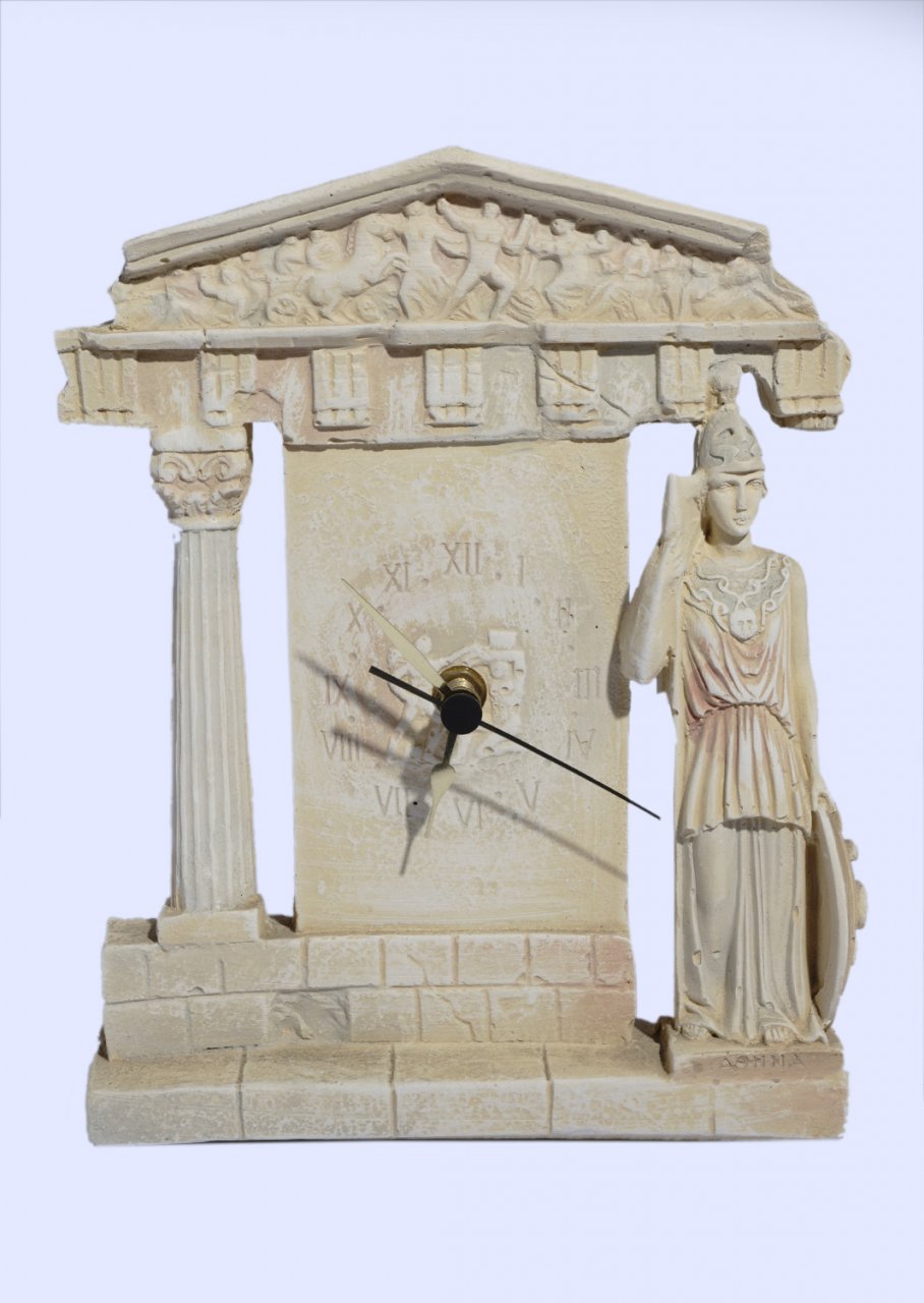 Plaster table - wall clock with the goddess Athena and a Corinthian column