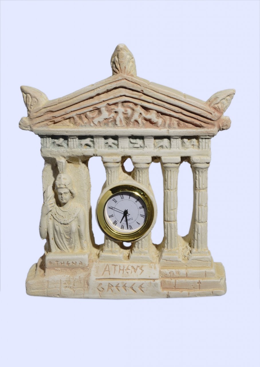 Plaster table clock with Parthenon facade of the Acropolis in Athens and goddess Athena