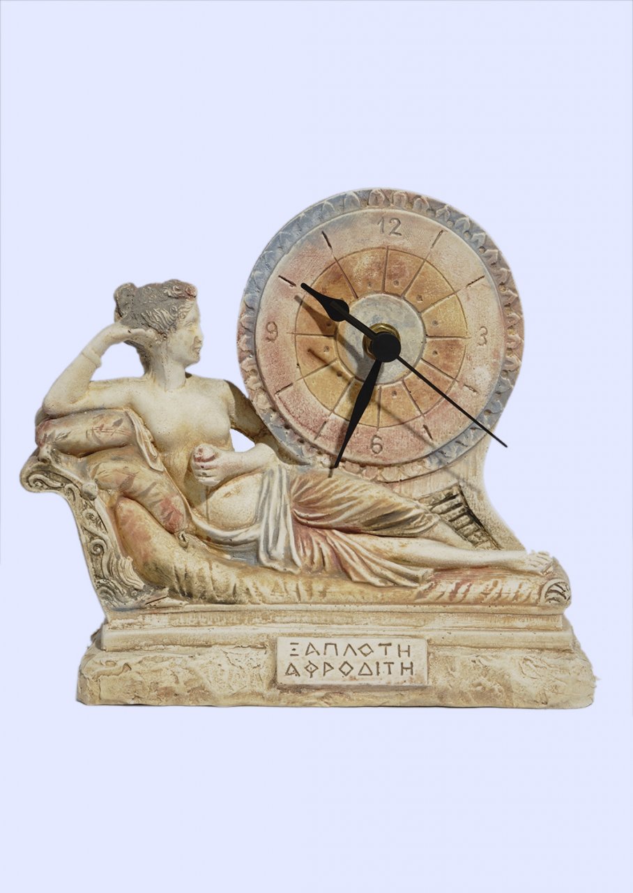 Plaster table clock with laying Aphrodite the goddess of love and beauty