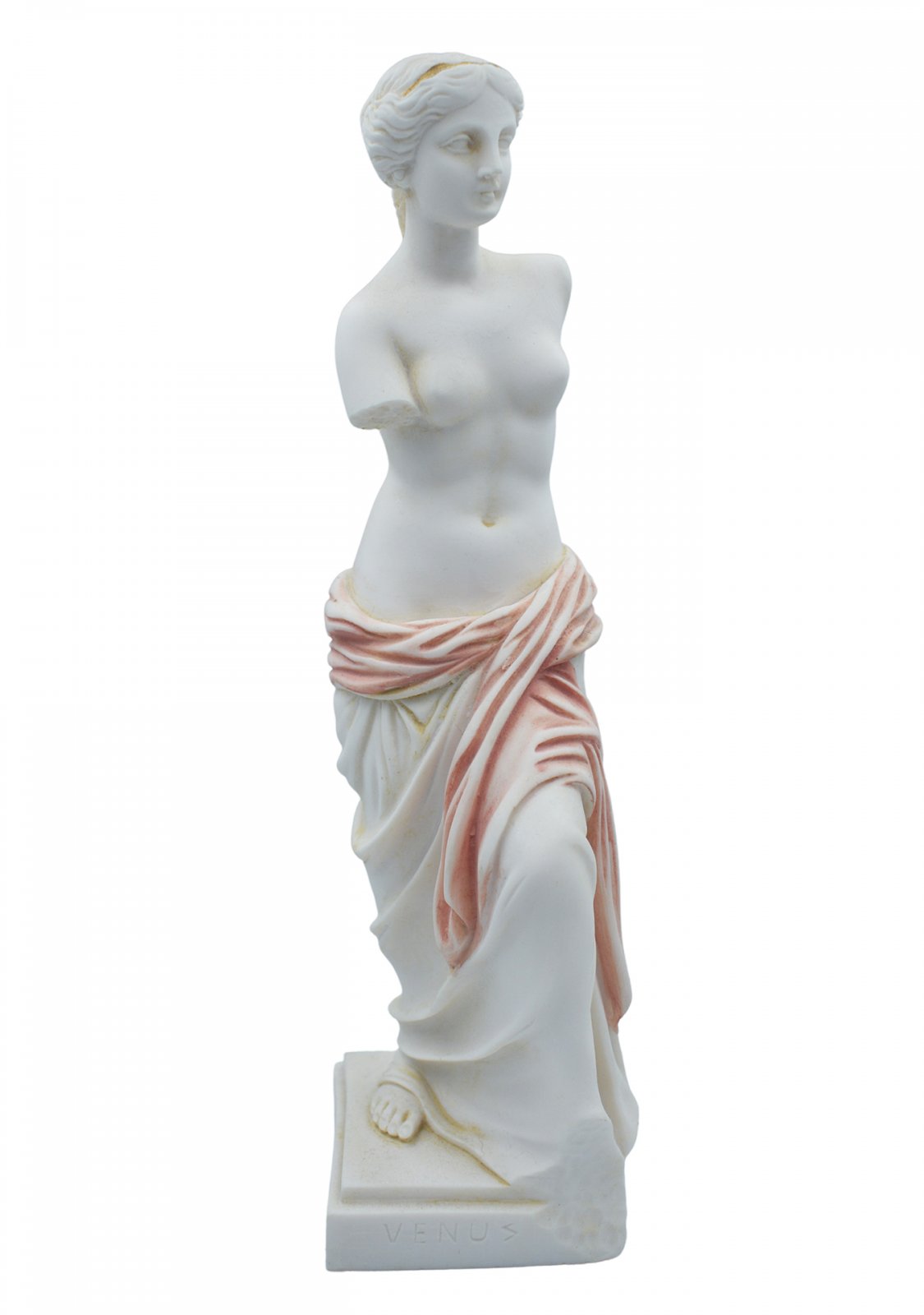 Aphrodite of Milos (Venus de Milo) greek alabaster statue with pink color and golden details