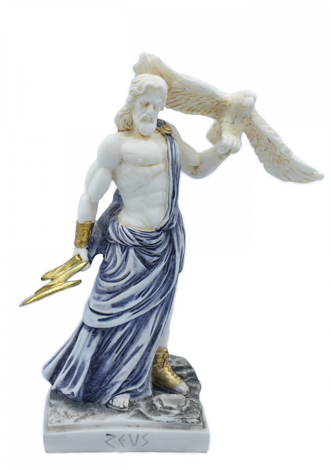 Zeus, the Father of Gods, greek alabaster statue with blue color and patina