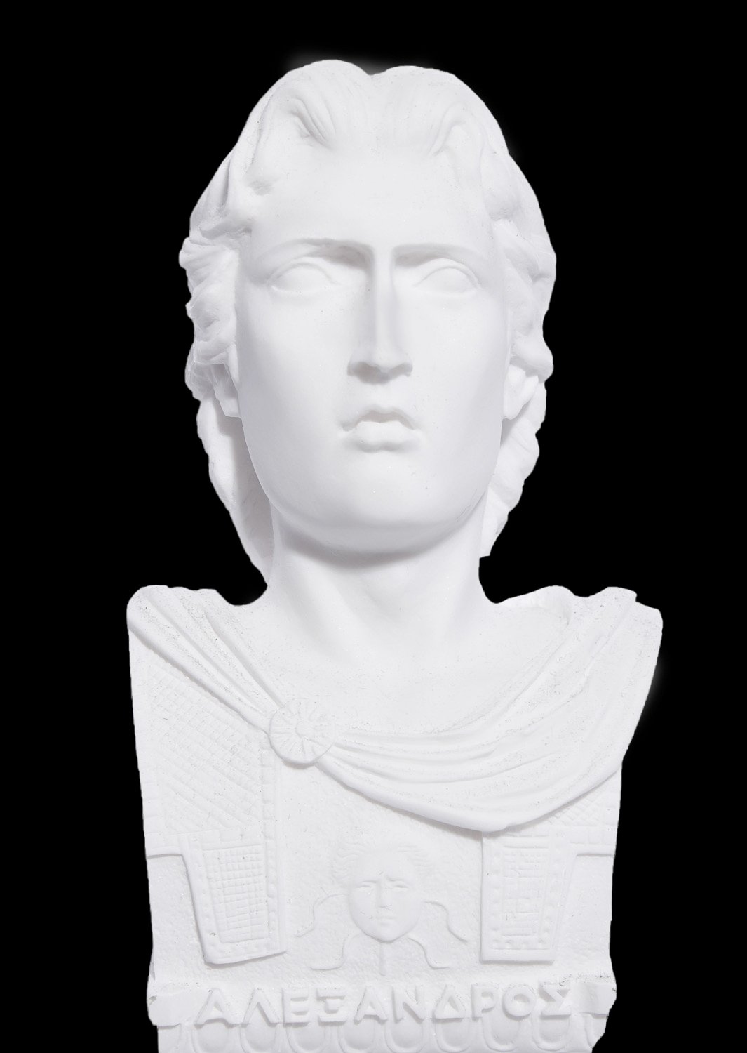 Greek alabaster bust of Alexander the Great with decoration in relief