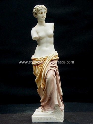 Souvenirs from Greece: Aphrodite of Milos (Venus de Milo) greek alabaster statue with color Greek statues Plaster statues Popular greek art souvenir handmade greek colored alabster statue of Aphrodite of Milos, one of the most famous works of ancient Greek sculpture now on display at the Louvre museum. The alabaster sculpture depicts Aphrodite the Greek goddess of love and beauty. Among the best greek art decorative gifts.