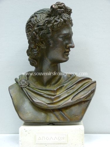 Souvenirs from Greece: Apollo green plaster busts statue Greek statues Greek Busts Sculptures Marvelous greek bust statue art souvenir from Greece handmade greek bust statue of Apollo, the god of music, poetry, and the arts, light and the sun; truth and prophecy; medicine, healing, and plague in ancient greek mythology. The green greek plaster bust statue sits on a plaster white base with the name of Apollo in greek and is a lovely greek gift.