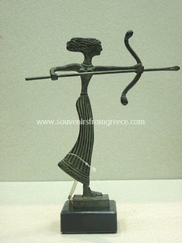 Souvenirs from Greece: Goddess Artemis greek bronze statue Greek statues Alabaster statues Elegant greek souvenirs handmade greek bronze statue of Artemis, the ancient greek goddess of  the hunt, wild animals,  childbirth, virginity and young girls, bringing and relieving disease in women. The bronze sculpture sits on a marble base, depicts the goddess as a huntress carrying a bow and arrow. A superb decorative greek art gift.