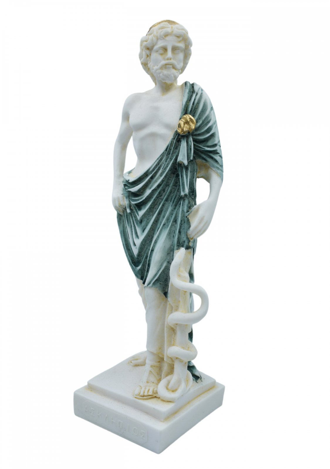  Ascelpius (Asklepios), the greek god of medicine, alabaster statue with green color and patina