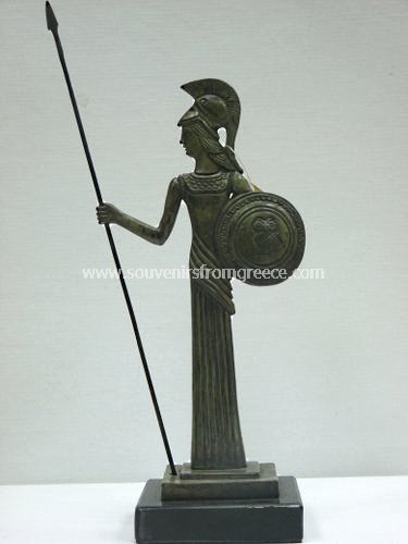 Souvenirs from Greece: Bronze Statue of Athena Greek Goddess of Wisdom Greek statues Bronze statues One the most popular souvenirs from Greece handmade greek bronze statue of Athena , the ancient greek goddess of wisdom, civilization strength, strategy and protector of the city of Athens in ancient greek mythology. The bronze sculpture sits on a marble base and depicts the goddess holding a spear and a shield. A lovely greek gift.