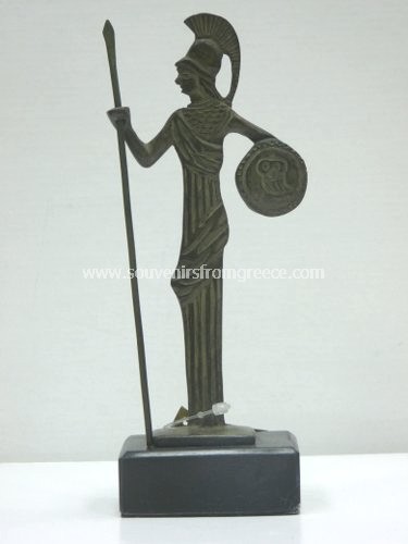 Souvenirs from Greece: Goddess Athena thin bronze statue Greek statues Greek Busts Sculptures Lovely souvenirs from Greece handmade greek bronze statue of Athena , the ancient greek goddess of wisdom, civilization  strength, strategy and protector of the city of Athens in ancient greek mythology. The bronze sculpture sits on a marble base and depicts the goddess holding a spear and a shield. A remarkable greek gift.