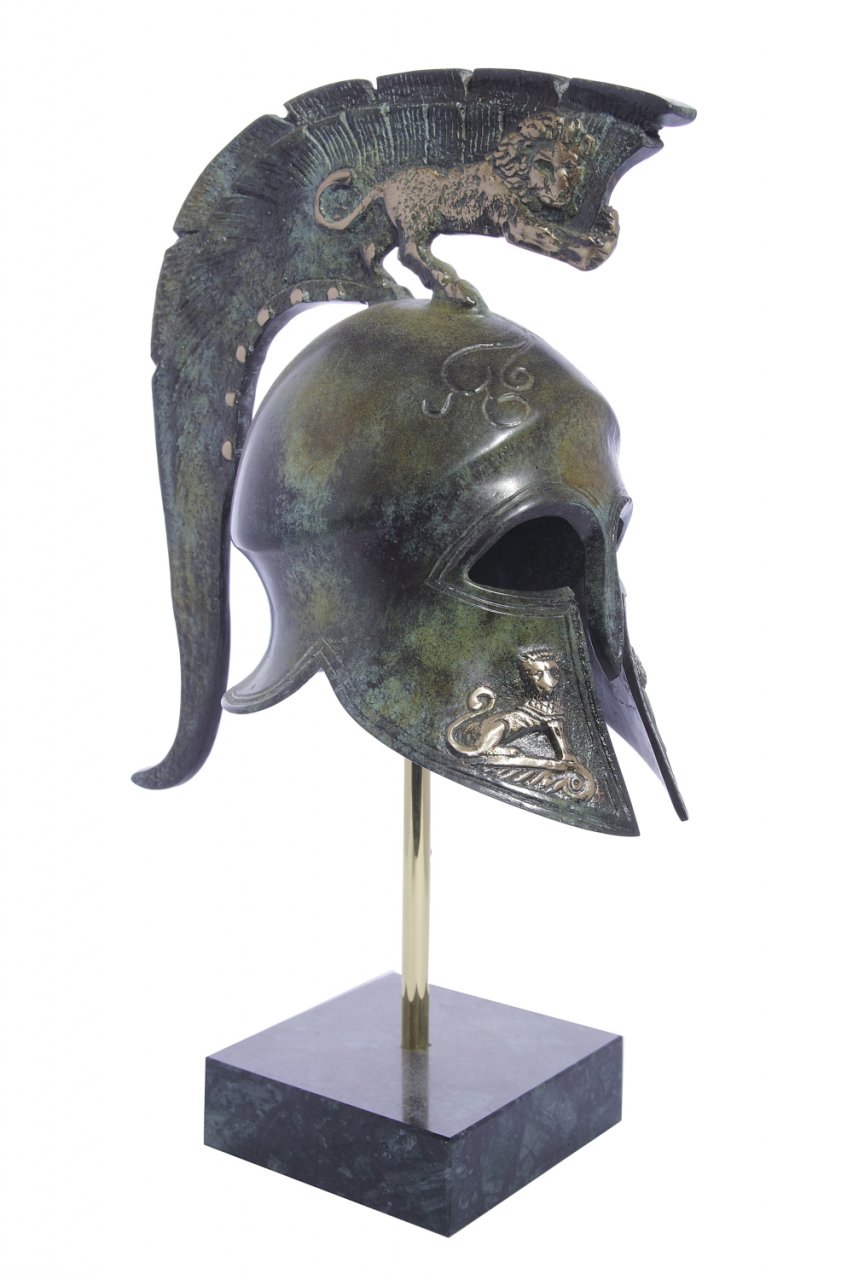 Spartan helmet with engraved golden lions greek bronze statue on marble base