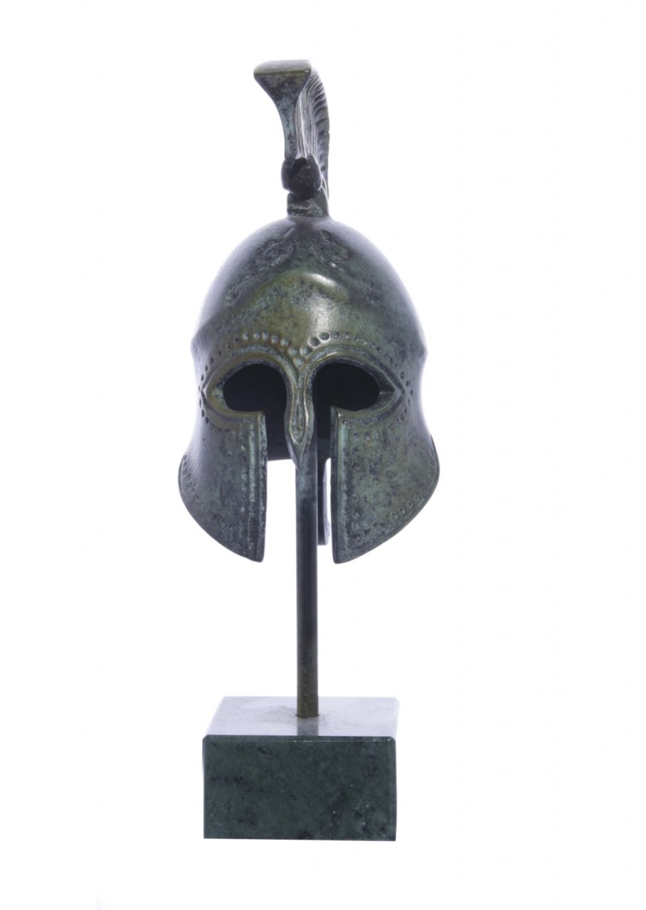 Greek bronze statue of a Spartan helmet on marble base